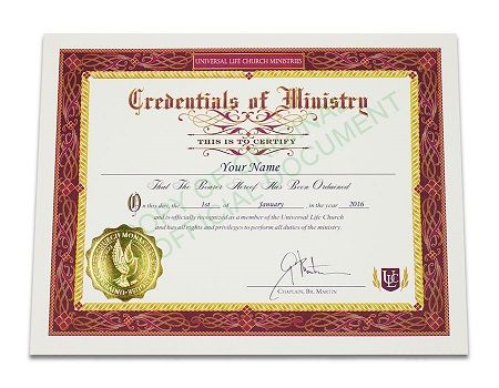 An official ULC ordination credential