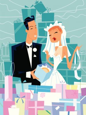 Bride and Groom and a Pile of Gifts