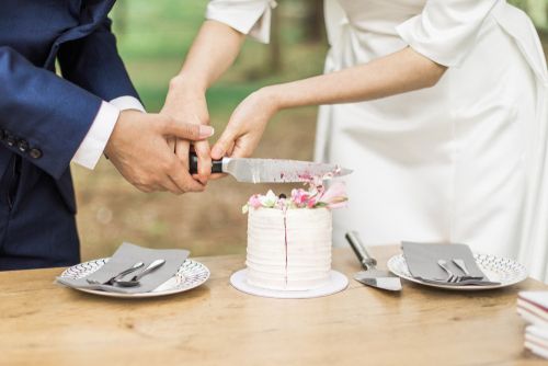 Bride and Groom Cutting a Small Cake
