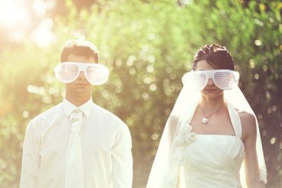 Bride and Groom in Goofy Sunglasses