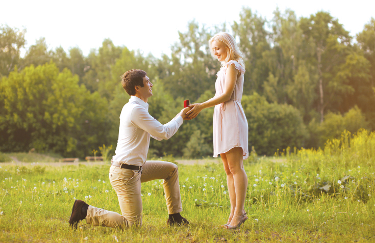 Man proposing to woman in grassy field