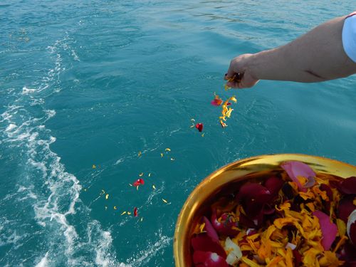 sprinkling flowers into a body of water