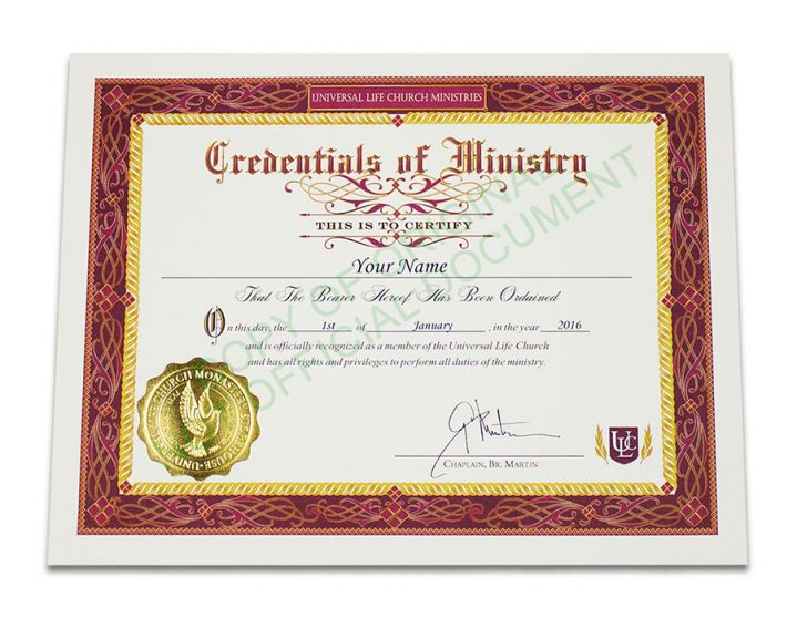 The Universal Life Church ordination credential