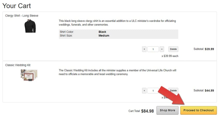 The Classic Wedding Kit in the Cart, highlighting the Proceed to Checkout button.