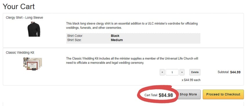The Classic Wedding Kit in the Cart, highlighting the subtotal.