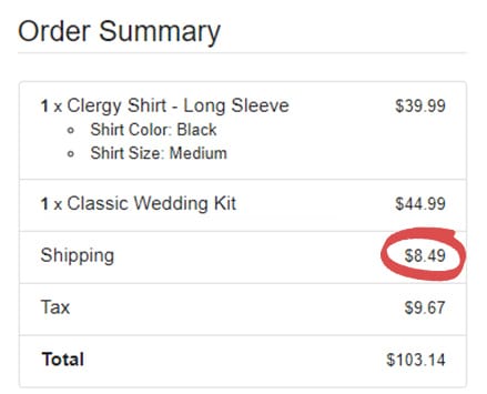 A cart checkout total, with the shipping cost highlighted.