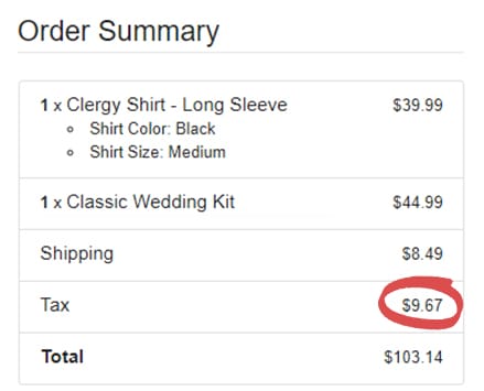 A cart checkout total, with the cost of tax highlighted.