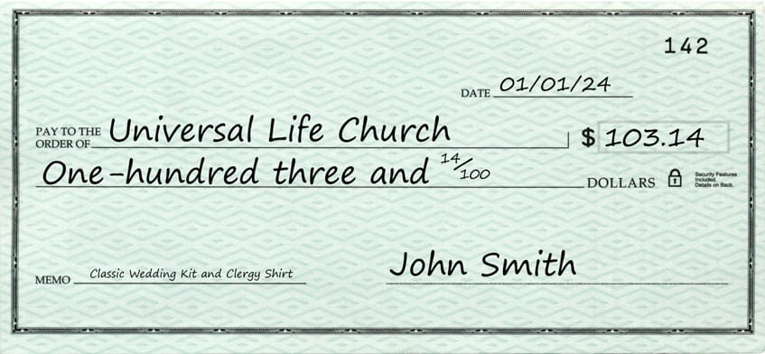 An example of a check made out to the ULC, with the proper fields filled in.