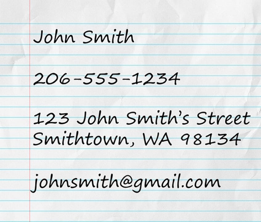 An example of a full address written on a sheet of paper, with the name, phone number, and email included.