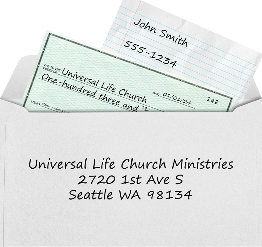 An envelope being filled with a check for the Classic Wedding Kit, with the return address, mailed out to ULC.