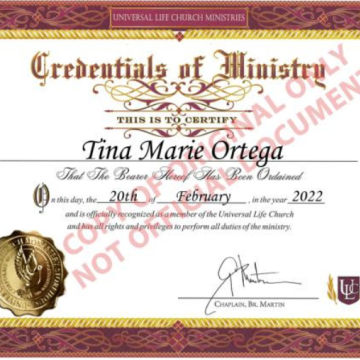 Tina Marie Ortega, ULC Minister