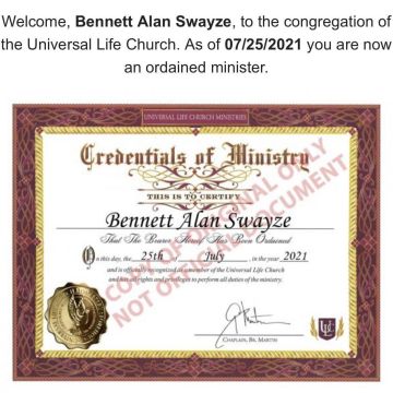 Bennett Alan Swayze, ULC Minister