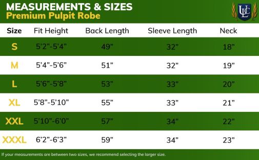 Size Chart for Premium Pastor Robe